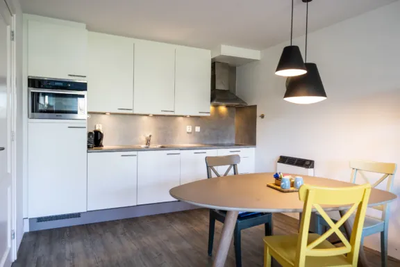 Afzuigkap inductieplaat afwasmachine koffiezetter waterkoker combimagnetron wandkachel eettafel Hotel appartement sauna Tjermelan Terschelling